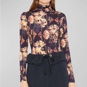Ulla Johnson Navy and Peach Floral Turtleneck Top